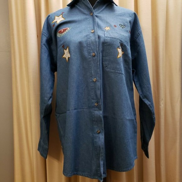VTG. "Guardian Angel" Denim Oversized  Shirt S - Picture 2 of 12
